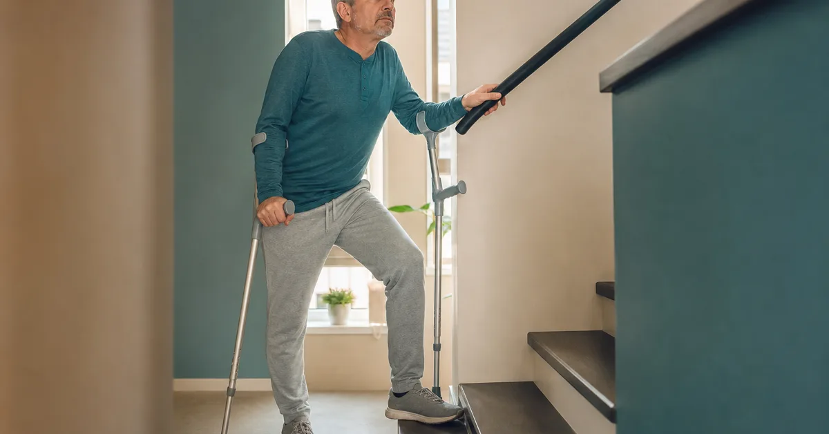 Person mit Unterarmgehstützen am Fuss einer Treppe