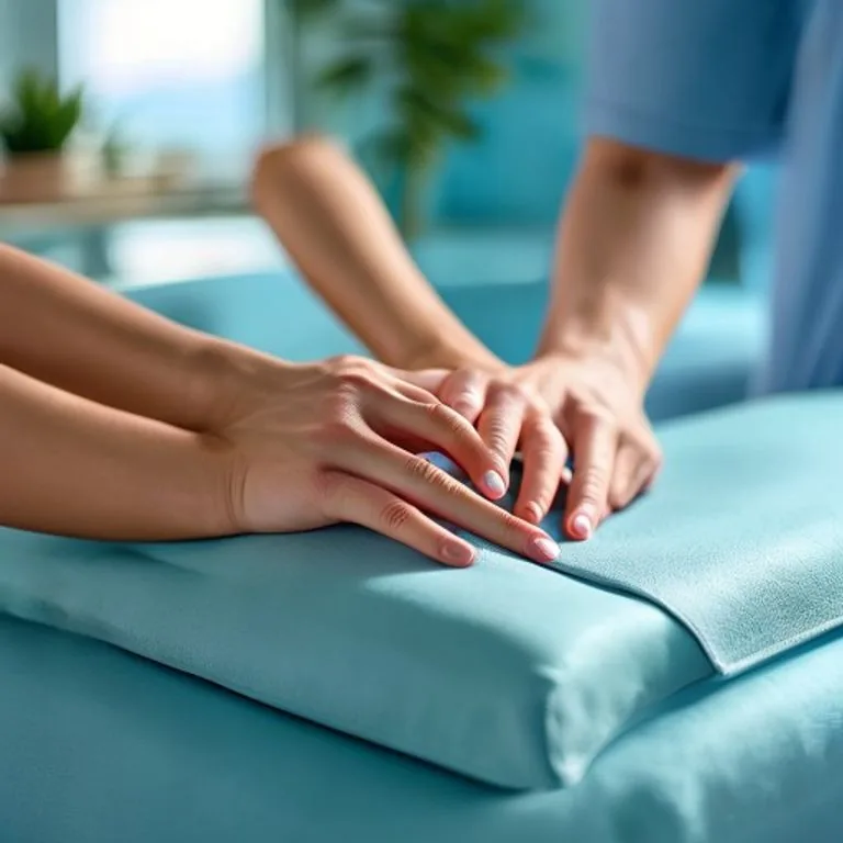 Physiotherapeutin behandelt mit sanften, flächigen Handgriffen das geschwollene Bein einer liegenden Person